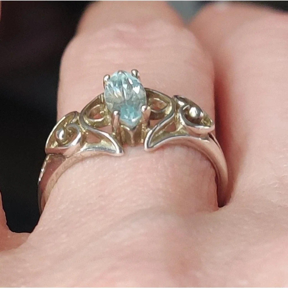 Sterling Silver 925 Blue Oval Topaz December Birthstone Ring Double Heart Size 7
